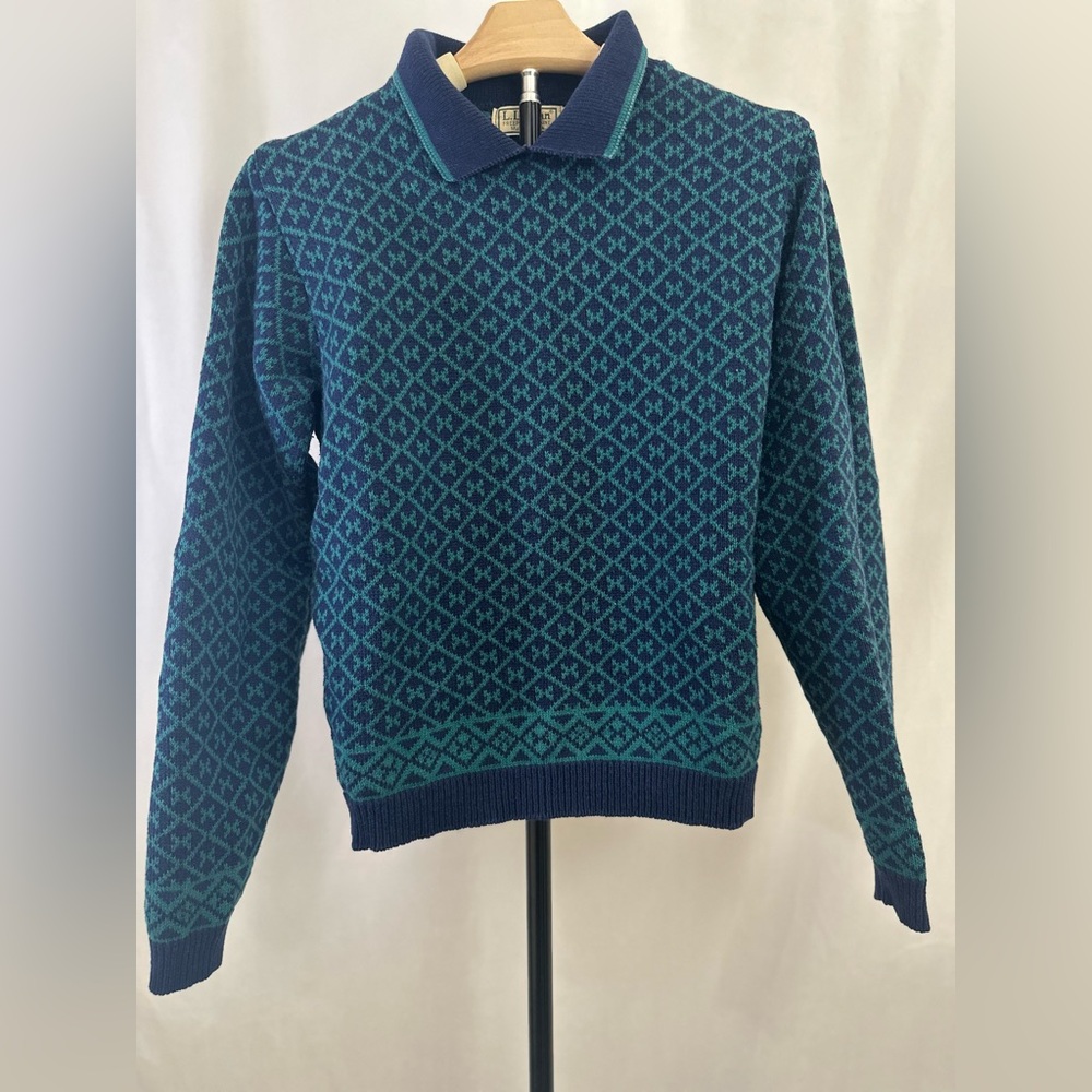 L.L. Bean V-Neck Blue and Green Sweater with Geometric Pattern